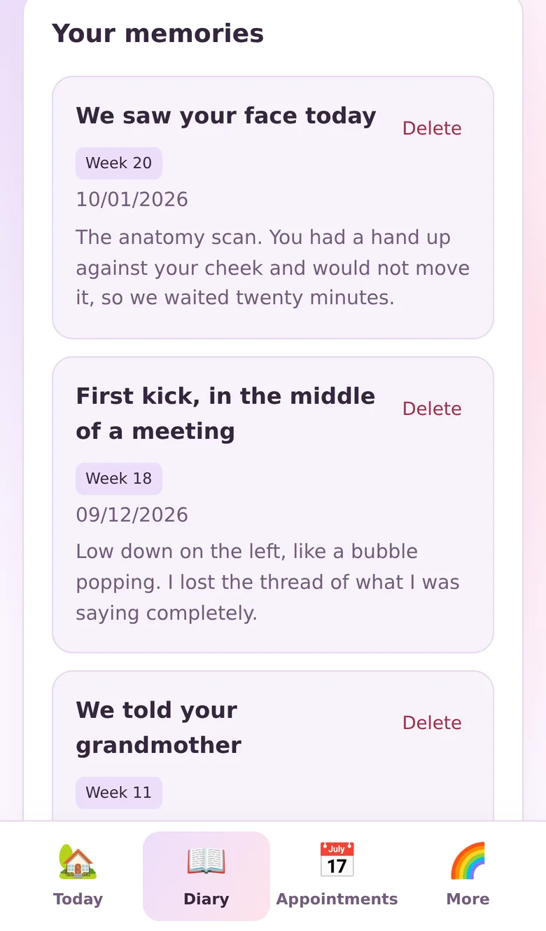 The Memories screen, with a form to add a new memory with a date, week, title and description.