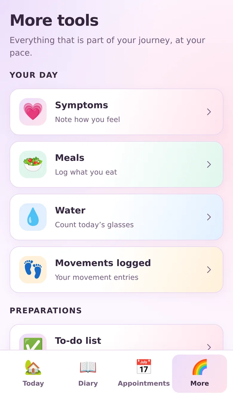 The More tools screen listing symptoms, meals and water.